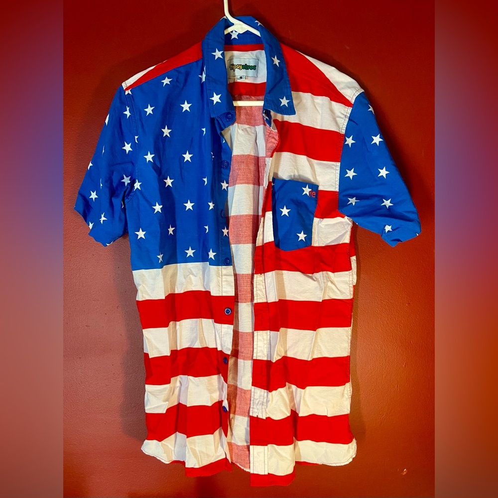 Tipsy Elves USA Flag Button Shirt Large Cotton Blend Top